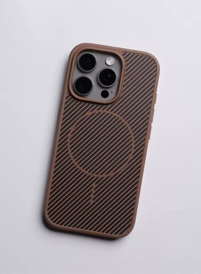 Carbon Fibre Pattern Case with Camera Touch Button for iPhone 16 Pro – MagSafe Charging Compatible, Brown
