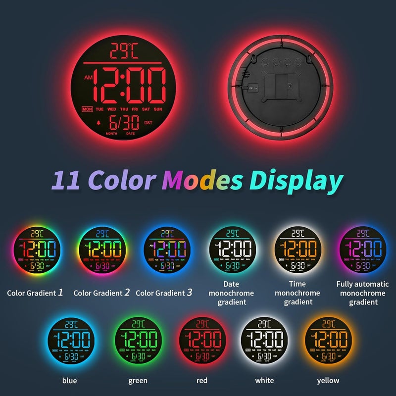 Mee 2ou 10 Inch Digital Wall Clock with Night Light, Alarm, Remote Control, 11 RGB Colours, Auto Brightness, Temperature Display, Date & Day of the Week, Modern Electric LED Wall Clock for Bedroom and - Image 3