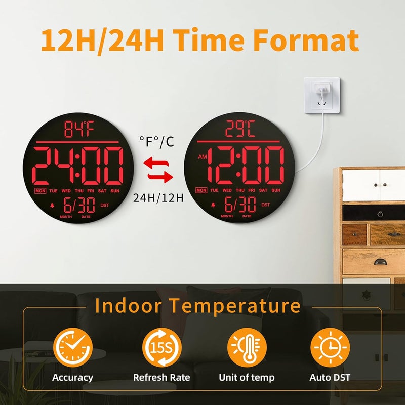 Mee 2ou 10 Inch Digital Wall Clock with Night Light, Alarm, Remote Control, 11 RGB Colours, Auto Brightness, Temperature Display, Date & Day of the Week, Modern Electric LED Wall Clock for Bedroom and - Image 2
