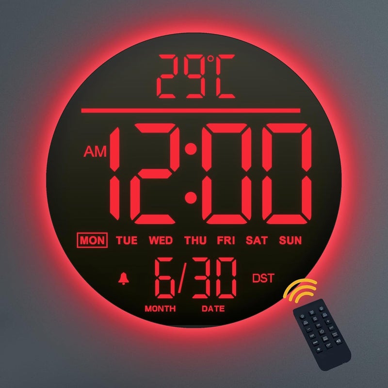 Mee 2ou 10 Inch Digital Wall Clock with Night Light, Alarm, Remote Control, 11 RGB Colours, Auto Brightness, Temperature Display, Date & Day of the Week, Modern Electric LED Wall Clock for Bedroom and - Image 1
