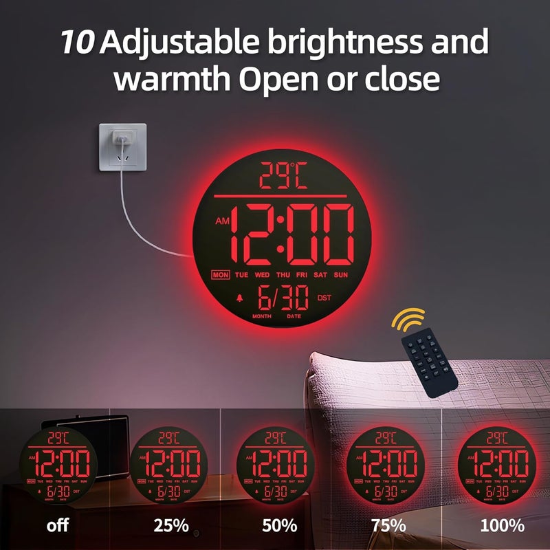 Mee 2ou 10 Inch Digital Wall Clock with Night Light, Alarm, Remote Control, 11 RGB Colours, Auto Brightness, Temperature Display, Date & Day of the Week, Modern Electric LED Wall Clock for Bedroom and - Image 4