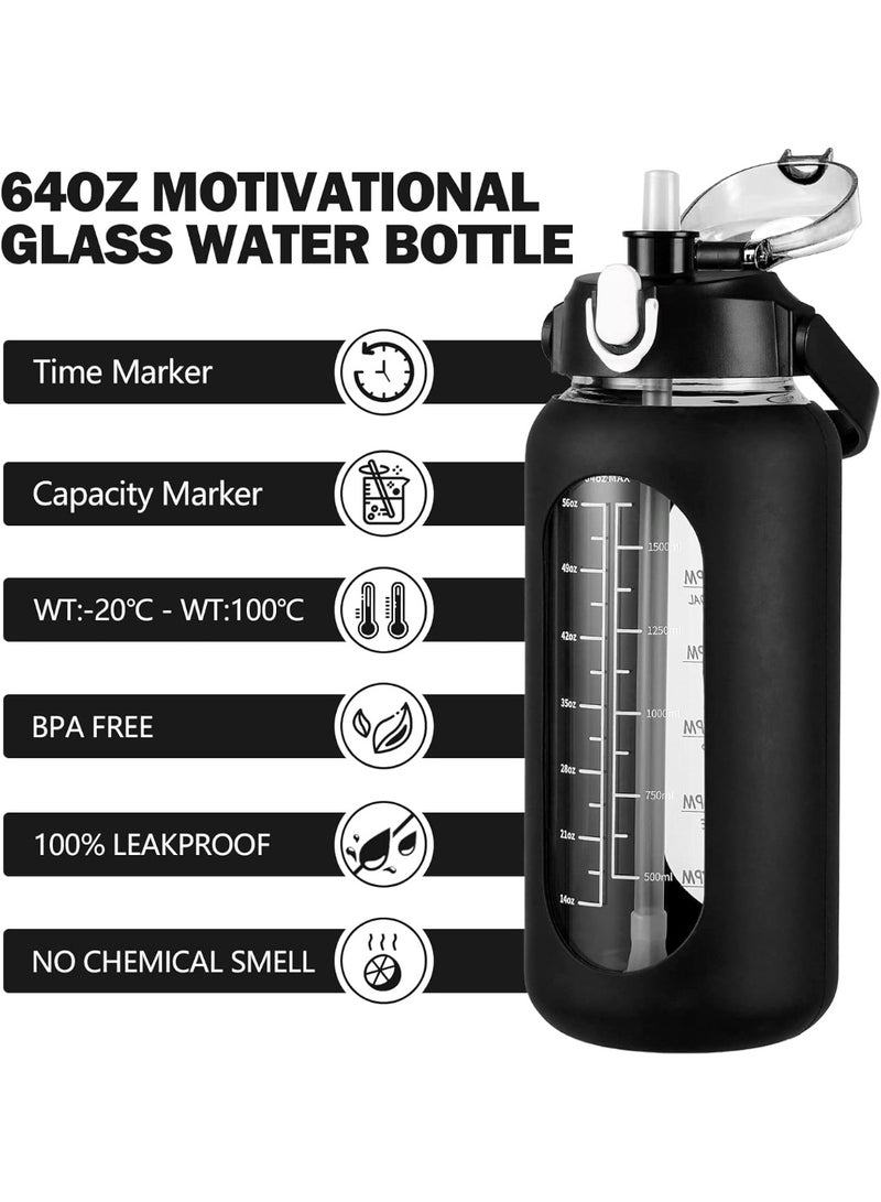 كيلا زجاجات مياه زجاجية سعة 64 أونصة مع ماصة، زجاجة تحفيزية سعة نصف جالون مع غلاف سيليكون وعلامة زمنية، إبريق ماء زجاجي كبير مقاوم للتسرب سعة 2 لتر للصالة الرياضية والمنزل والمكتب، لون أسود - Image 2