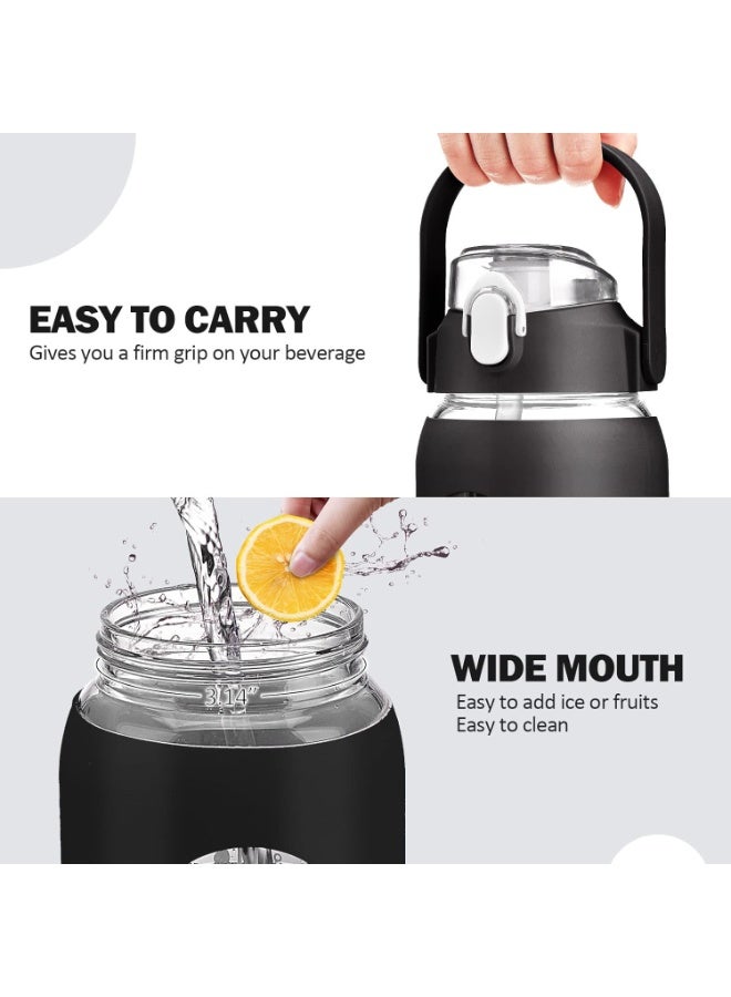 كيلا زجاجات مياه زجاجية سعة 64 أونصة مع ماصة، زجاجة تحفيزية سعة نصف جالون مع غلاف سيليكون وعلامة زمنية، إبريق ماء زجاجي كبير مقاوم للتسرب سعة 2 لتر للصالة الرياضية والمنزل والمكتب، لون أسود - Image 3