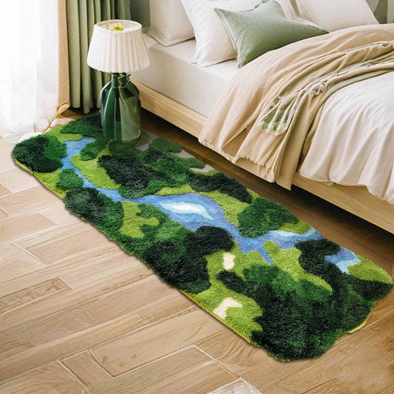 THRILRUG 24"Ã—68" Moss Hallway Runner Rug,Shag Carpet Leaf Bedroom Rugs Non Slip Bath Mat Laundry Rug Runner,Ultra Soft WashablePlant Leaves Shaped Kids Bedside Dorm Rug for Bedroom,Living Room Green - Image 1