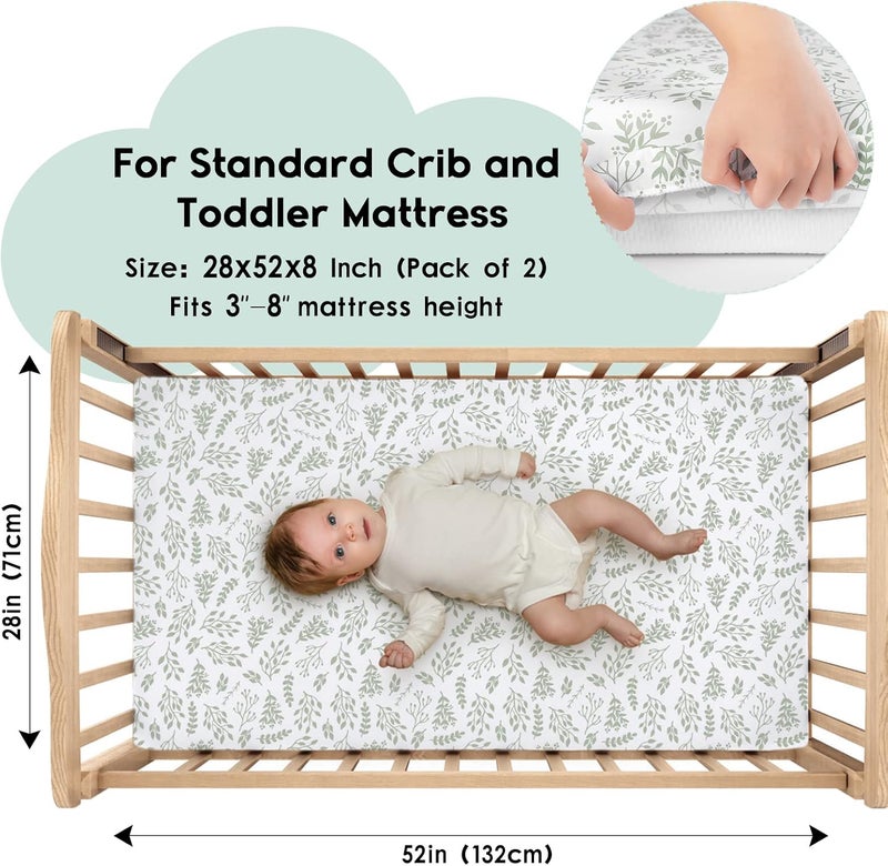 Yoofoss Baby Crib Sheets for Boys Girls, Fitted Crib Sheet 2 Pack for Standard Crib and Toddler Mattress, Super Soft Microfiber Baby Sheet 28x52x8in(Green+Leaf) - Image 2