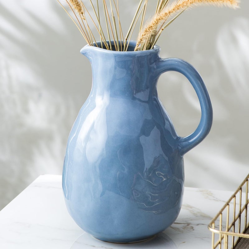 Kimdio Blue Ceramic Vase with Handle, Modern Pitcher Vases for Home Decor, Pottery Decorative Flower Vase, Clay Vases, Centerpieces for Living Room - Image 2