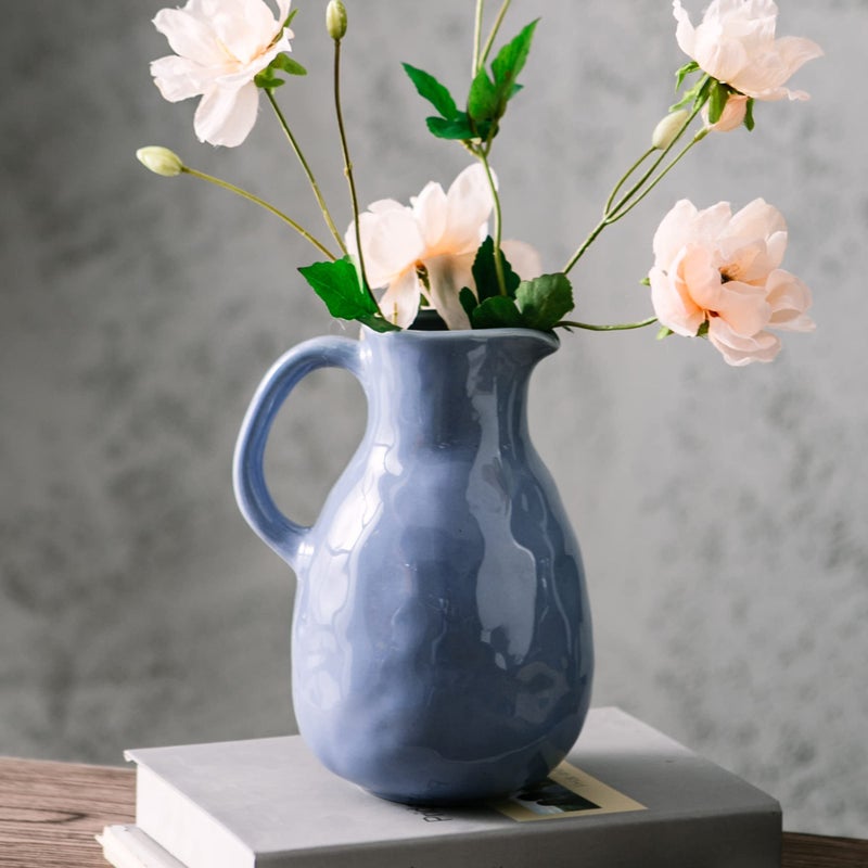 Kimdio Blue Ceramic Vase with Handle, Modern Pitcher Vases for Home Decor, Pottery Decorative Flower Vase, Clay Vases, Centerpieces for Living Room - Image 5