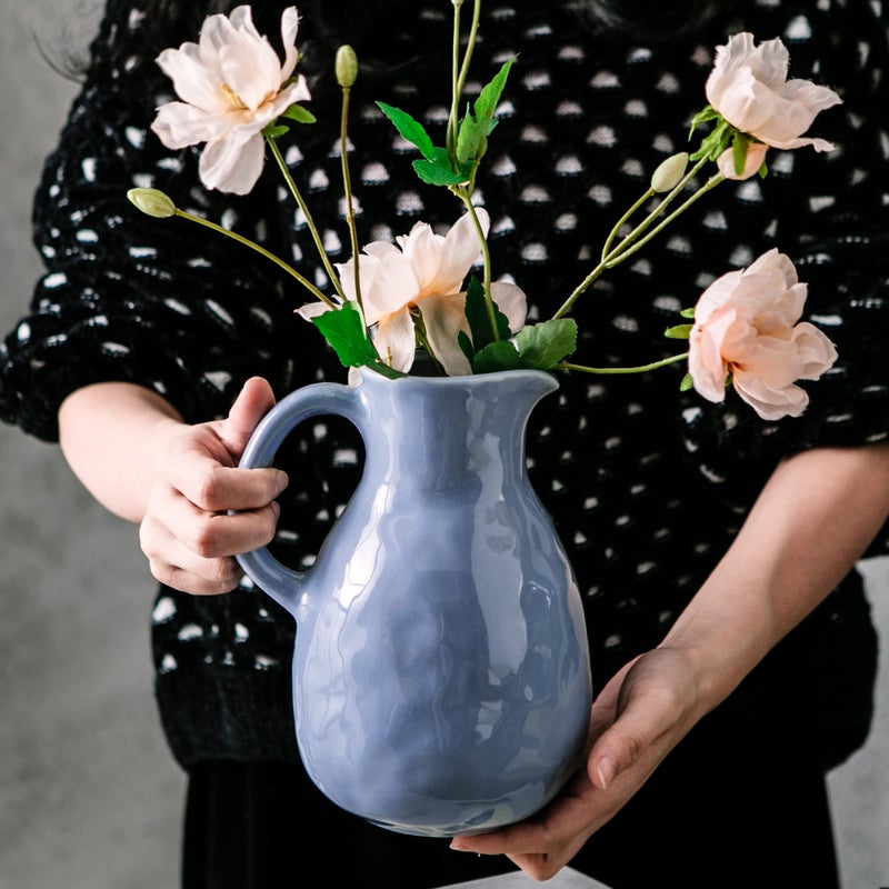 Kimdio Blue Ceramic Vase with Handle, Modern Pitcher Vases for Home Decor, Pottery Decorative Flower Vase, Clay Vases, Centerpieces for Living Room - Image 3