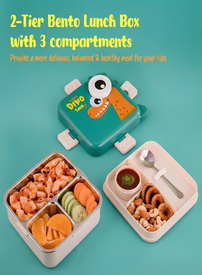 KBV Super Dinosaur Kids Lunch Box | 1120ml Stainless Steel Bento Tiffin Box | 304 Steel Insulated, BPA-Free, Leak-Proof, 3 Compartments, Sauce Container | School Lunch Box for Boys Girls (Dino Green) - Image 5