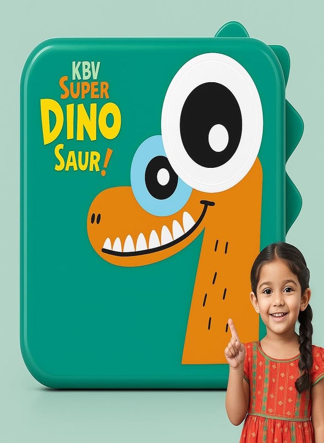 KBV Super Dinosaur Kids Lunch Box | 1120ml Stainless Steel Bento Tiffin Box | 304 Steel Insulated, BPA-Free, Leak-Proof, 3 Compartments, Sauce Container | School Lunch Box for Boys Girls (Dino Green) - Image 1