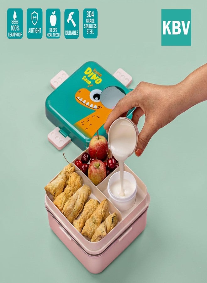 KBV Super Dinosaur Kids Lunch Box | 1120ml Stainless Steel Bento Tiffin Box | 304 Steel Insulated, BPA-Free, Leak-Proof, 3 Compartments, Sauce Container | School Lunch Box for Boys Girls (Dino Green) - Image 4