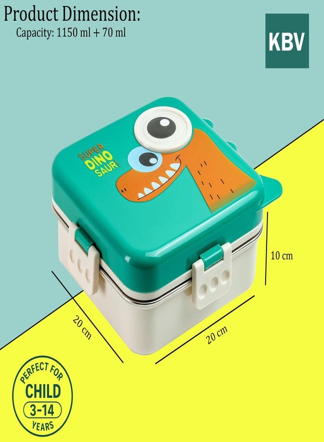 KBV Super Dinosaur Kids Lunch Box | 1120ml Stainless Steel Bento Tiffin Box | 304 Steel Insulated, BPA-Free, Leak-Proof, 3 Compartments, Sauce Container | School Lunch Box for Boys Girls (Dino Green) - Image 3