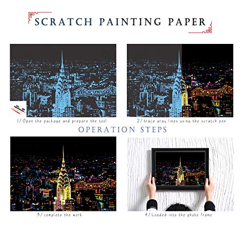 BOTEEN Scratch Rainbow Painting Art Paper,Scratch & Sketch Art for Kids & Adults,Scratch Painting Creative Gift Engraving Art & Craft Set,Sketch Pad DIY Scratchboard with 4 Tools,16''x11''(New York&Toronto) - Image 3