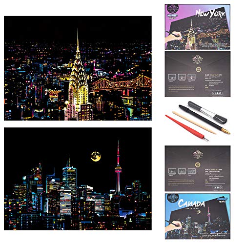 BOTEEN Scratch Rainbow Painting Art Paper,Scratch & Sketch Art for Kids & Adults,Scratch Painting Creative Gift Engraving Art & Craft Set,Sketch Pad DIY Scratchboard with 4 Tools,16''x11''(New York&Toronto) - Image 1