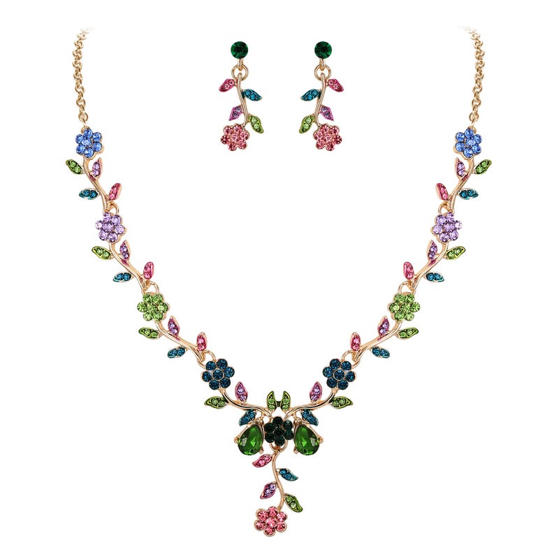 BriLove Women's Wedding Jewelry Leaf Cluster Flower Crystal Dangle Earrings Pendant Necklace Set for Bridal Multicolor - Image 1
