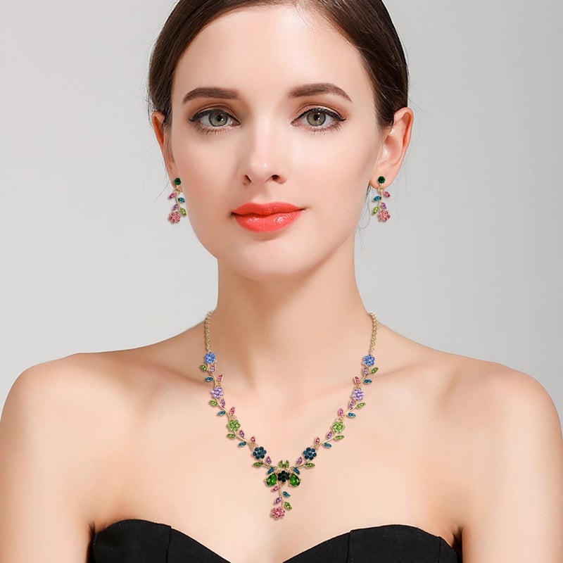 BriLove Women's Wedding Jewelry Leaf Cluster Flower Crystal Dangle Earrings Pendant Necklace Set for Bridal Multicolor - Image 4