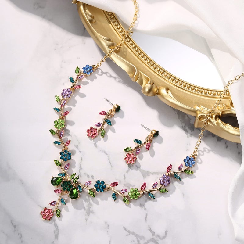 BriLove Women's Wedding Jewelry Leaf Cluster Flower Crystal Dangle Earrings Pendant Necklace Set for Bridal Multicolor - Image 5