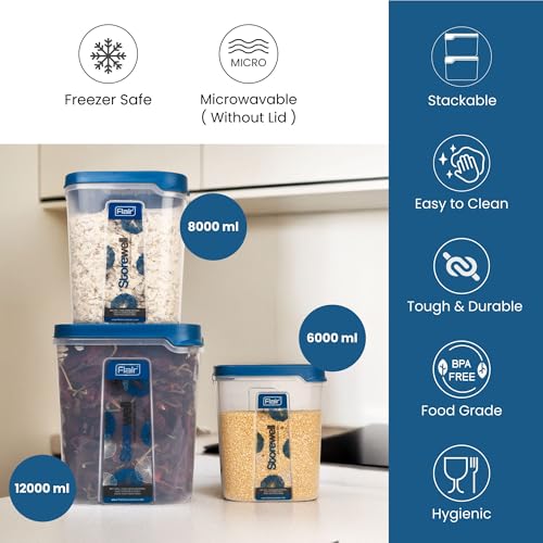 FLAIR Storewell Square Food Storage Containers Set Of 3 (6L, 8L, 12L)- Blue, Air Tight Containers For Kitchen Storage Ideal Kitchen BoXFor Rice, Atta And Grains, Bpa-Free, Food Grade - Image 3