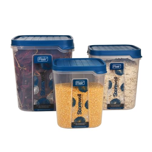 FLAIR Storewell Square Food Storage Containers Set Of 3 (6L, 8L, 12L)- Blue, Air Tight Containers For Kitchen Storage Ideal Kitchen BoXFor Rice, Atta And Grains, Bpa-Free, Food Grade - Image 1
