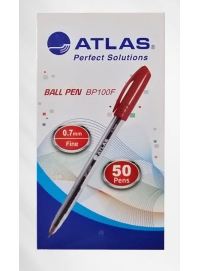 ATLAS أقلام حبر جاف أطلس نقطة دقيقة 0.7 مم - علبة من 50 قلم باللون الأحمر