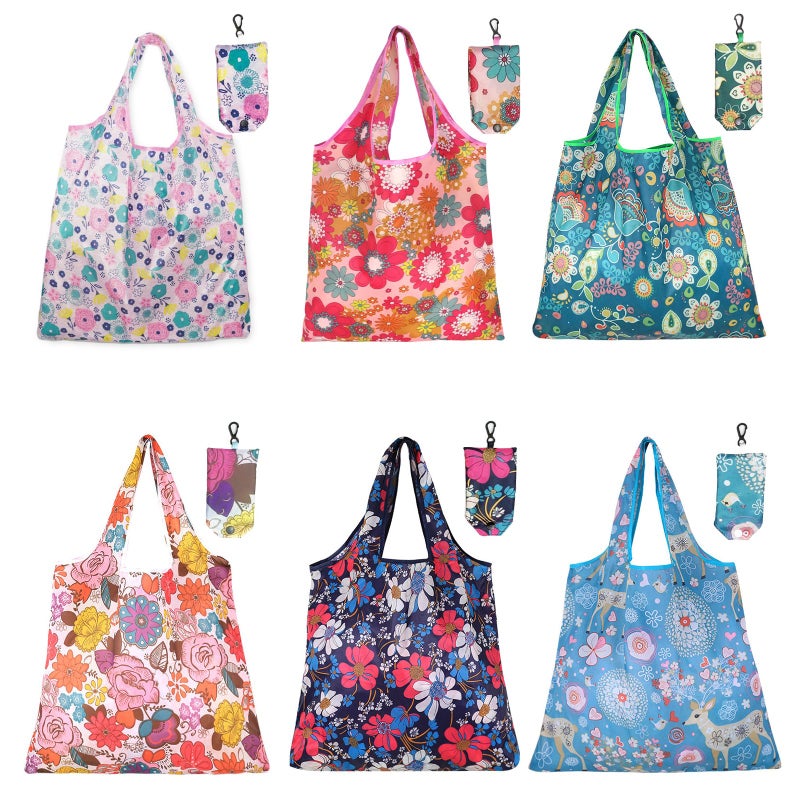 DENGXINWEI 6 Pcs Reusable Shopping Bags Foldable, Machine Washable Shopping Grocery Bags in Pocket , Eco-Friendly Travel Recycle Shopping Bags, Waterproof Pouch Tote Bags for Daily Shopping Supplies load - Image 1