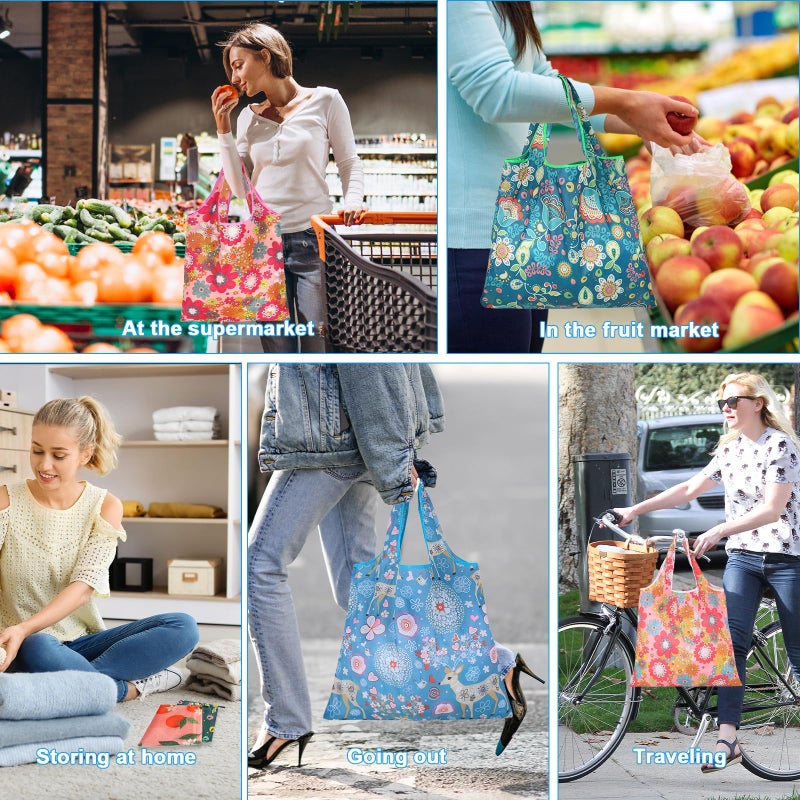 DENGXINWEI 6 Pcs Reusable Shopping Bags Foldable, Machine Washable Shopping Grocery Bags in Pocket , Eco-Friendly Travel Recycle Shopping Bags, Waterproof Pouch Tote Bags for Daily Shopping Supplies load - Image 2