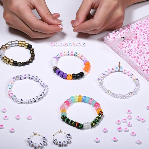 NITOPUPU Acrylic Letter Beads Alphabet Pink Letter White Cube Beads for Friendship Bracelets and Gifts Souvenir Jewelry Making Vanlentine‘ Day Gifts(7 * 4mm Round,1000pcs) - Image 3