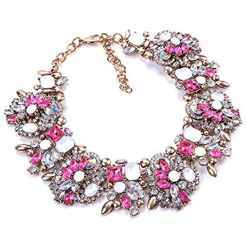 Zthread Bib Statement Necklace Colorful Crystal Rhinestone Choker Necklace Collar Necklace for Women Fashion Accessories (Rose Pink+White) - Image 4