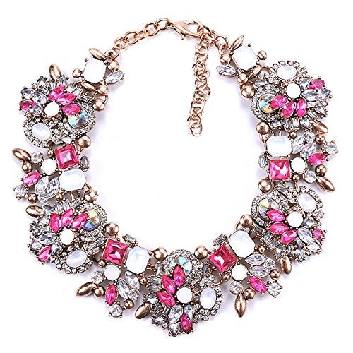 Zthread Bib Statement Necklace Colorful Crystal Rhinestone Choker Necklace Collar Necklace for Women Fashion Accessories (Rose Pink+White) - Image 1