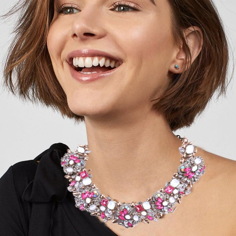 Zthread Bib Statement Necklace Colorful Crystal Rhinestone Choker Necklace Collar Necklace for Women Fashion Accessories (Rose Pink+White) - Image 2