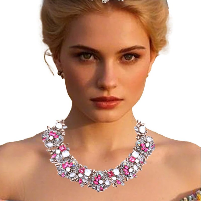 Zthread Bib Statement Necklace Colorful Crystal Rhinestone Choker Necklace Collar Necklace for Women Fashion Accessories (Rose Pink+White) - Image 3
