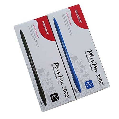 monami plus pen 3000, Non-permanent fine liner Water Based Ink Color Pen 24pcs (Black 12pcs + Blue 12pcs) - Image 2
