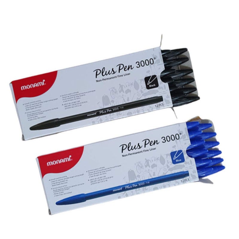 monami plus pen 3000, Non-permanent fine liner Water Based Ink Color Pen 24pcs (Black 12pcs + Blue 12pcs) - Image 3