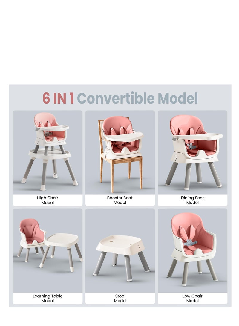 Baybee 6 in 1 Convertible Baby High Chair for Kids, Baby Feeding with 2 Adjustable Heights, 5 Point Safety Belt & Tray | Kids Study Table & Chair | Kids High Chair for Baby 1 to 5 Years Pink - Image 3