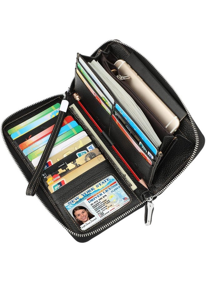 Lavemi - Women'S Rfid Blocking 100% Leather Large Capacity Zip Around Wallet Phone Holder Clutch Travel Purse Wristlet(Large Size Pebble Black) - Image 1