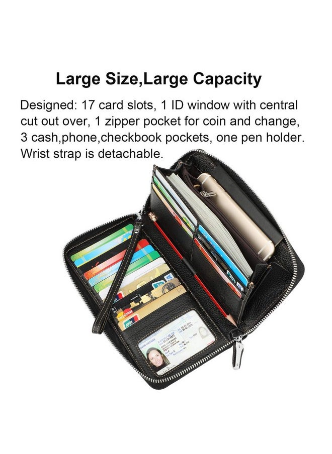 Lavemi - Women'S Rfid Blocking 100% Leather Large Capacity Zip Around Wallet Phone Holder Clutch Travel Purse Wristlet(Large Size Pebble Black) - Image 1