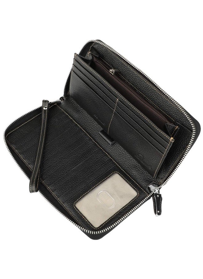 Lavemi - Women'S Rfid Blocking 100% Leather Large Capacity Zip Around Wallet Phone Holder Clutch Travel Purse Wristlet(Large Size Pebble Black) - Image 1