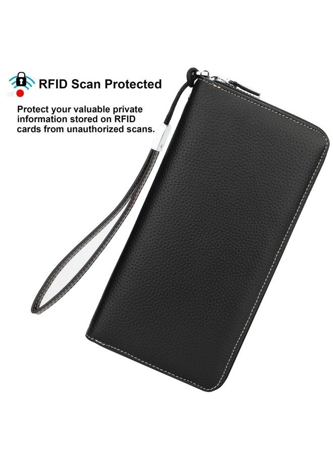 Lavemi - Women'S Rfid Blocking 100% Leather Large Capacity Zip Around Wallet Phone Holder Clutch Travel Purse Wristlet(Large Size Pebble Black) - Image 1