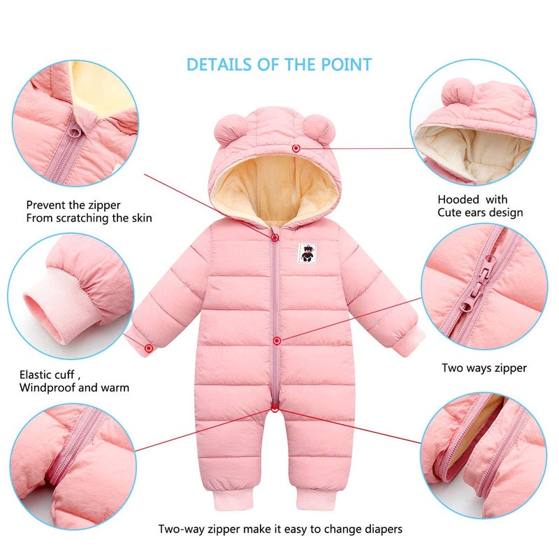 Happy Cherry Baby Girls Warm Snowsuit Infant Winter Coat Hooded Zipper Jumpsuit Outwear Footed Romper Puffer Jacket Long Sleeve Down Coat 6-12 Months Pink - Image 5