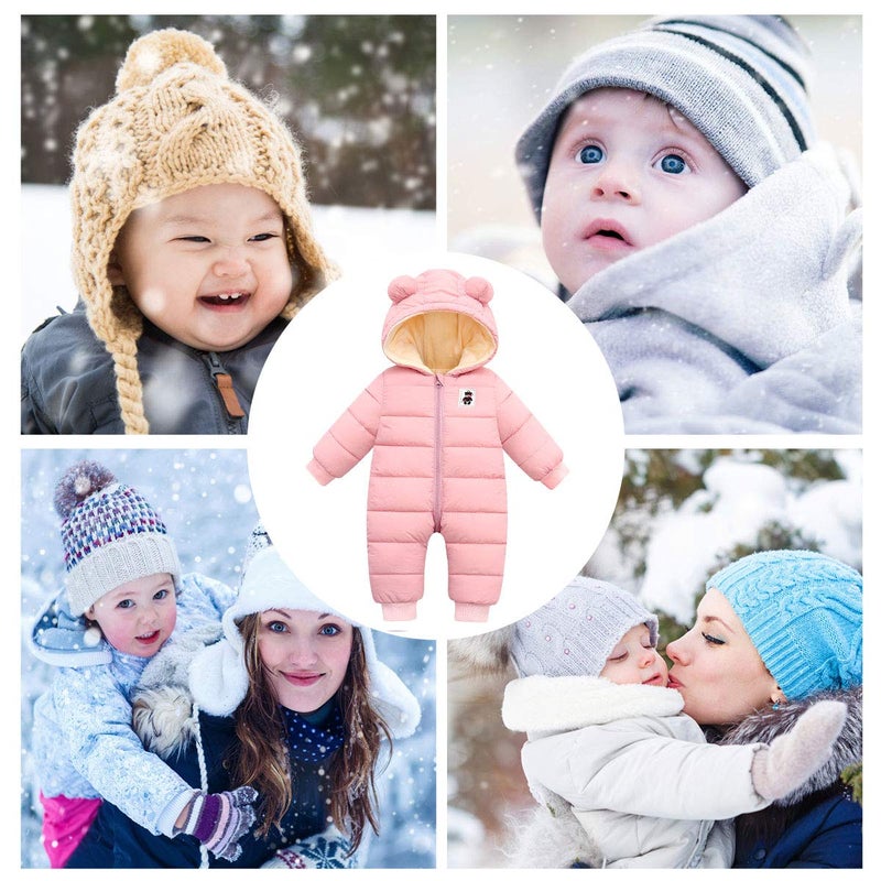 Happy Cherry Baby Girls Warm Snowsuit Infant Winter Coat Hooded Zipper Jumpsuit Outwear Footed Romper Puffer Jacket Long Sleeve Down Coat 6-12 Months Pink - Image 3