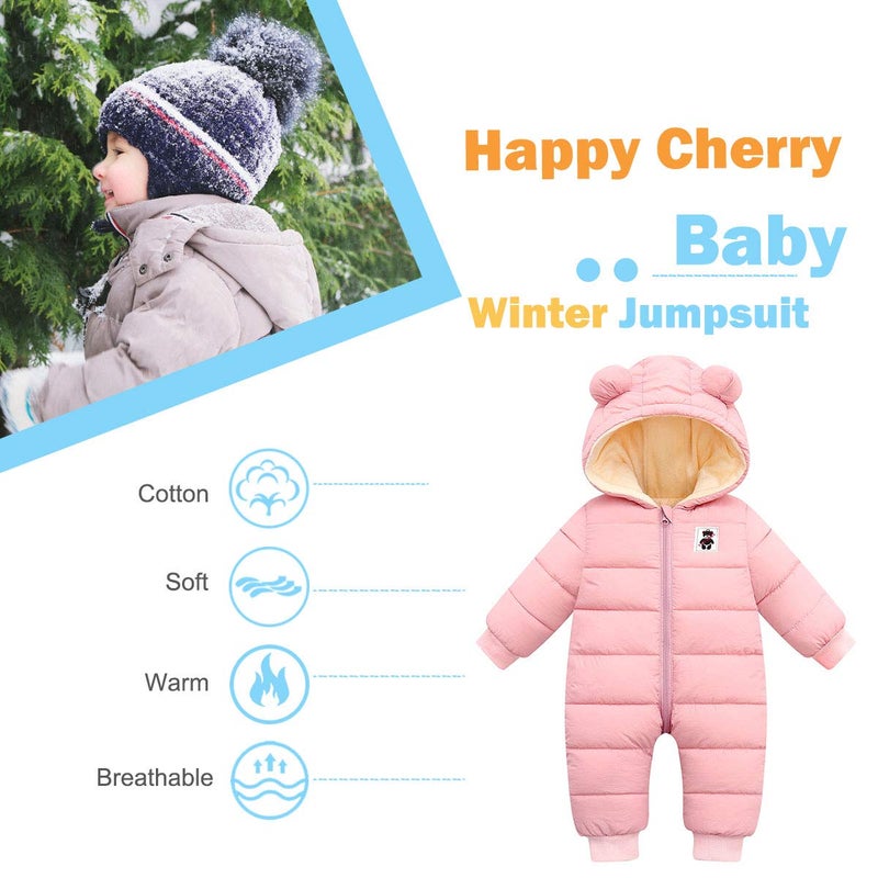 Happy Cherry Baby Girls Warm Snowsuit Infant Winter Coat Hooded Zipper Jumpsuit Outwear Footed Romper Puffer Jacket Long Sleeve Down Coat 6-12 Months Pink - Image 4