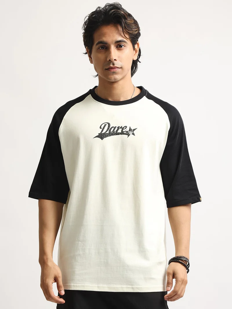 مانياك Maniac Mens Printed High Neck Half Sleeve Cream and Black Cotton T-Shirt