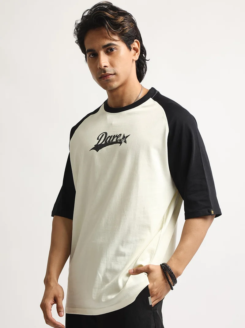 Maniac Maniac Mens Printed High Neck Half Sleeve Cream and Black Cotton T-Shirt