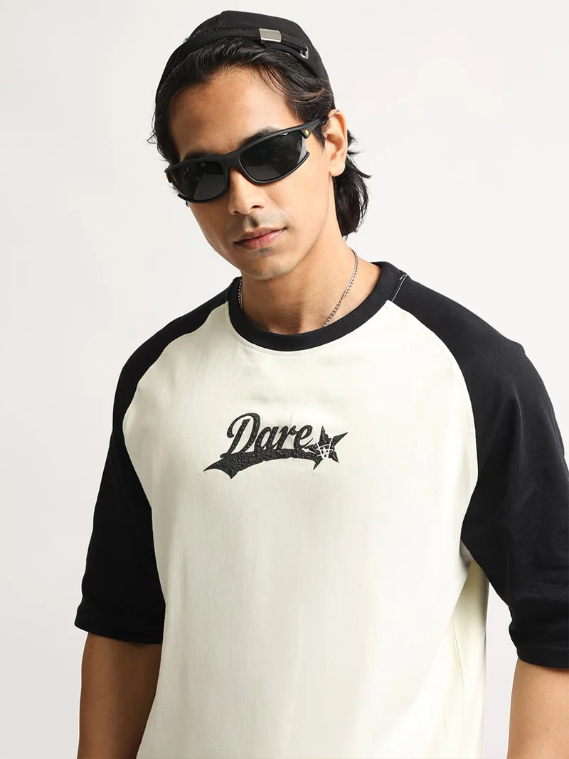 مانياك Maniac Mens Printed High Neck Half Sleeve Cream and Black Cotton T-Shirt