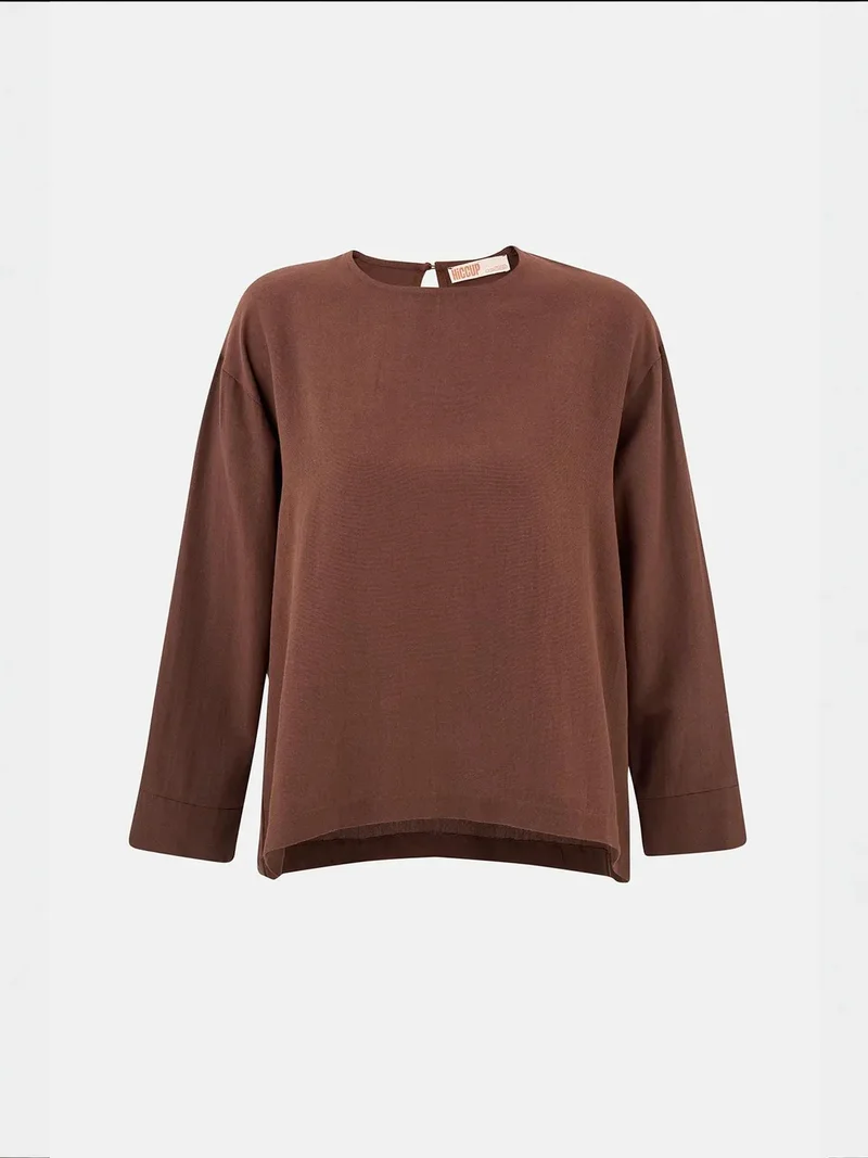 زوبعة بلوزة من مزيج الكتان بلون بني شوكولاتة