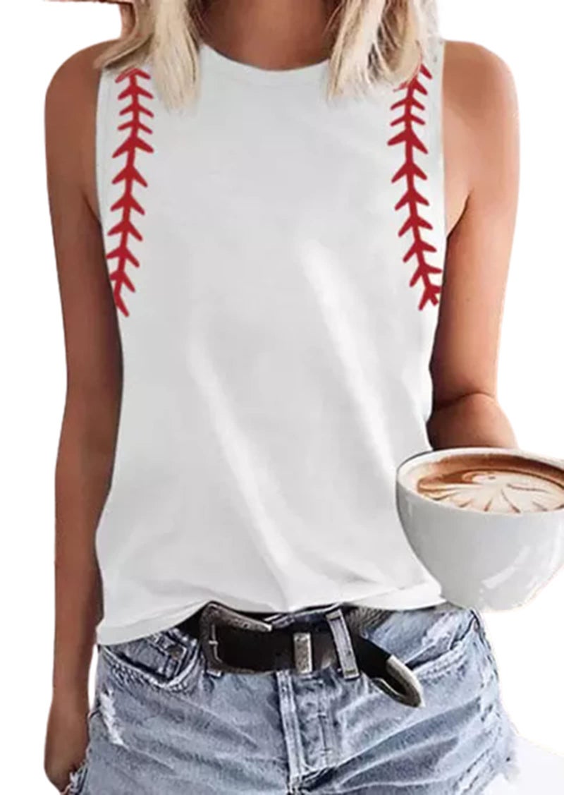 MHTOR Baseball O-Neck Tank Women Print Baseball Tanks Cute Workout Graphic Casual Summer Sleeveless Vest Top (Large, White) - Image 1