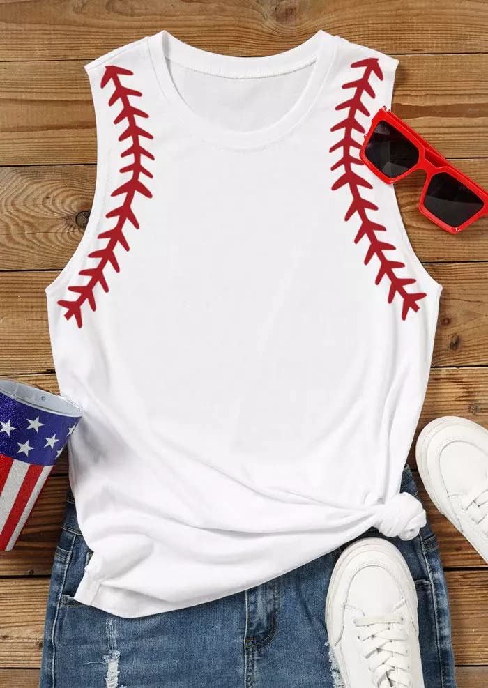 MHTOR Baseball O-Neck Tank Women Print Baseball Tanks Cute Workout Graphic Casual Summer Sleeveless Vest Top (Large, White) - Image 2