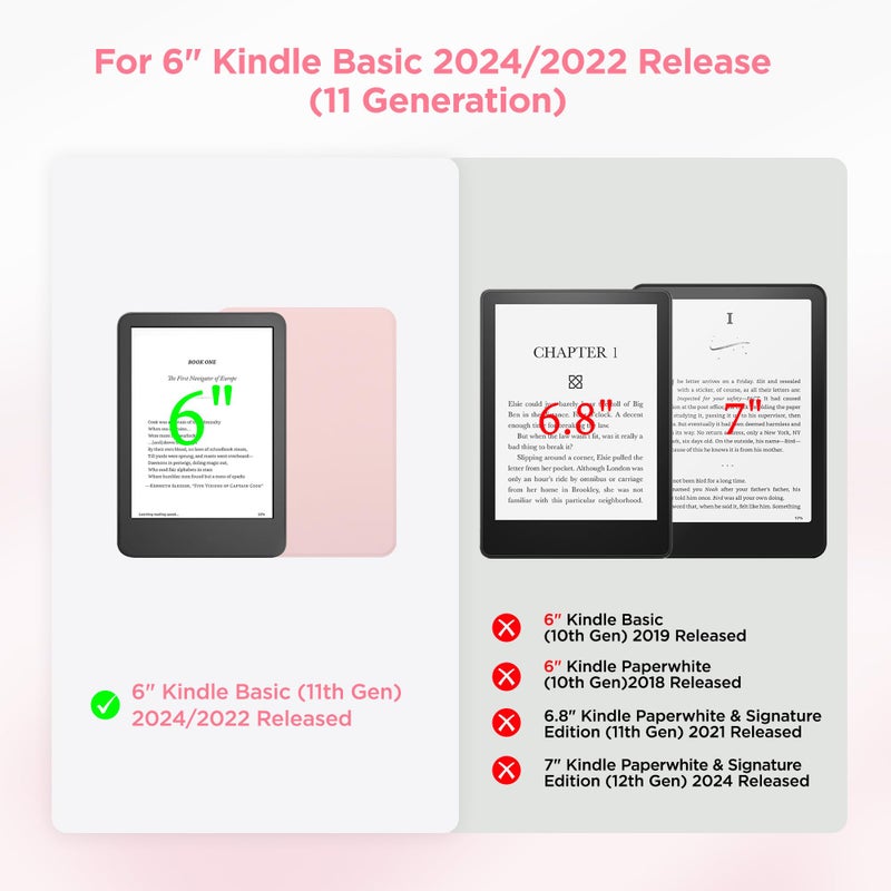 SESENSE Detachable Magnetic Case for 6'' Kindle 2024 and 2022 (11 Generation), Slim PU Shell Cover Case with Auto Wake/Sleep, Pink - Image 2