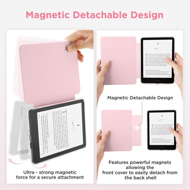 SESENSE Detachable Magnetic Case for 6'' Kindle 2024 and 2022 (11 Generation), Slim PU Shell Cover Case with Auto Wake/Sleep, Pink - Image 3