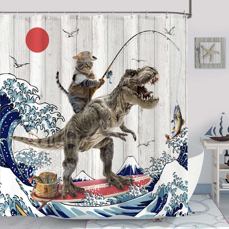 Fowocu Funny Cat Dinosaur Shower Curtain Fun Kitten Fishing Japanese Ocean Wave Waterproof Fabric Shower Curtains for Bathroom Kids Rustic Wood Farmhouse Bath Curtain Decor (72''?72''  Gray) - Image 2